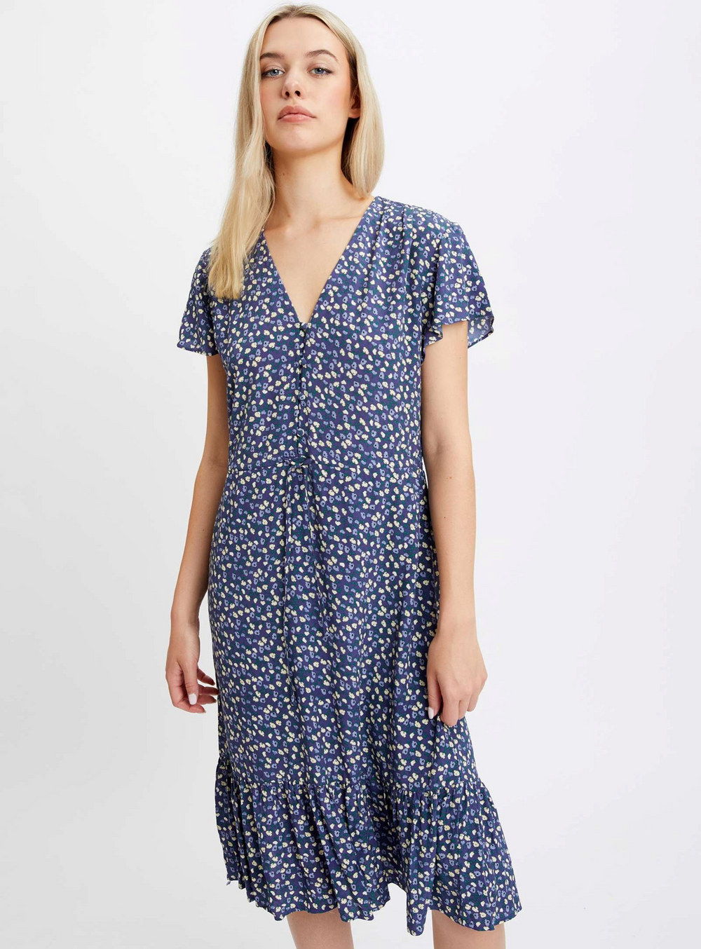 ANETRA | Knee-Length Navy Floral Dress  || ANETRA  | Robe Fleurie Marine Longueur Genou