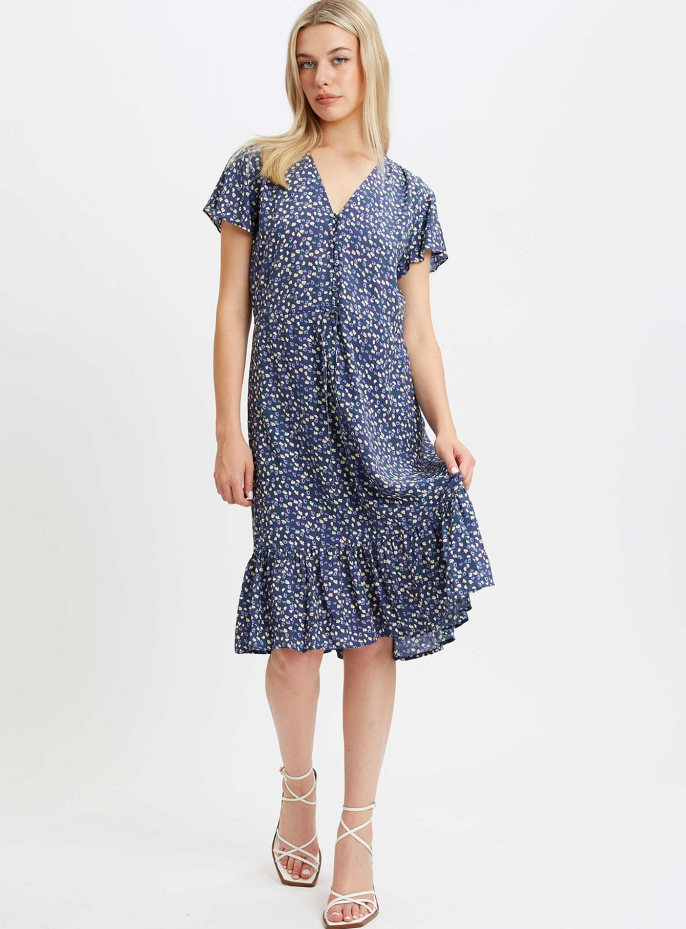 ANETRA | Knee-Length Navy Floral Dress  || ANETRA  | Robe Fleurie Marine Longueur Genou