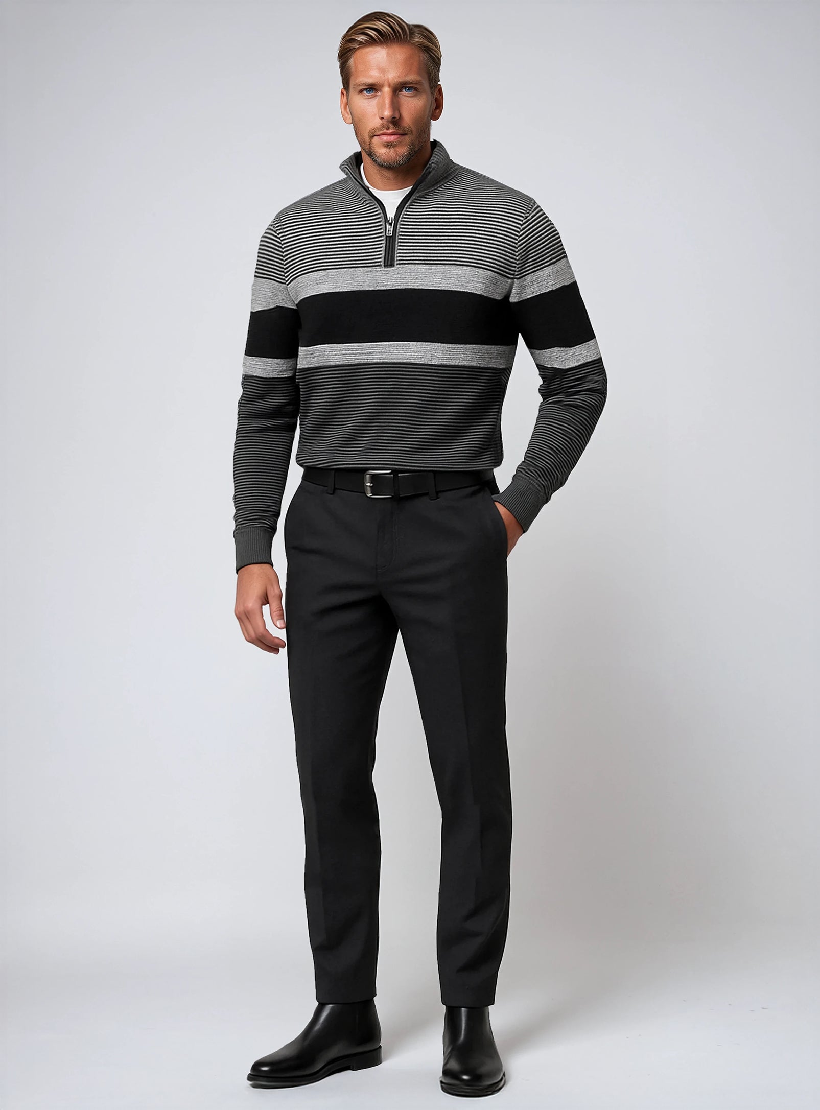 LENNY | Raised Stripe Fine-Gauge Mock-Zip Sweater