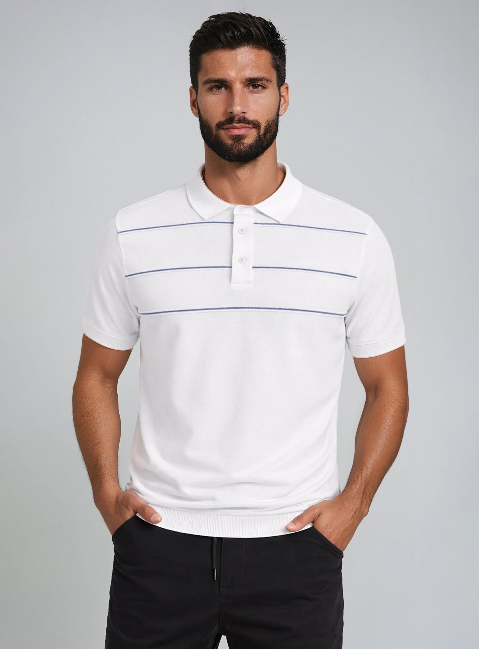 CONNOR | Semi-fit textured knit cotton polo with horizontal stripe