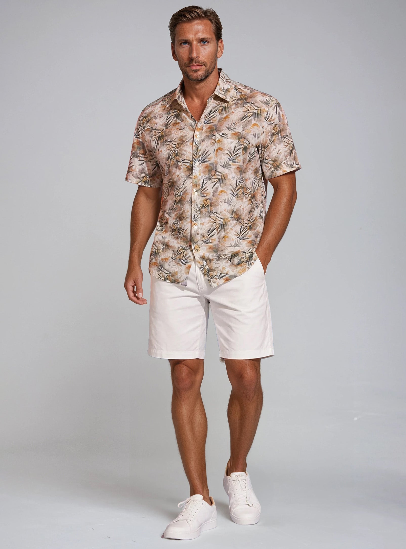 MICHAEL | 4 Way Stretch Chest Pocket Shirt With Watercolor Leaves Prin