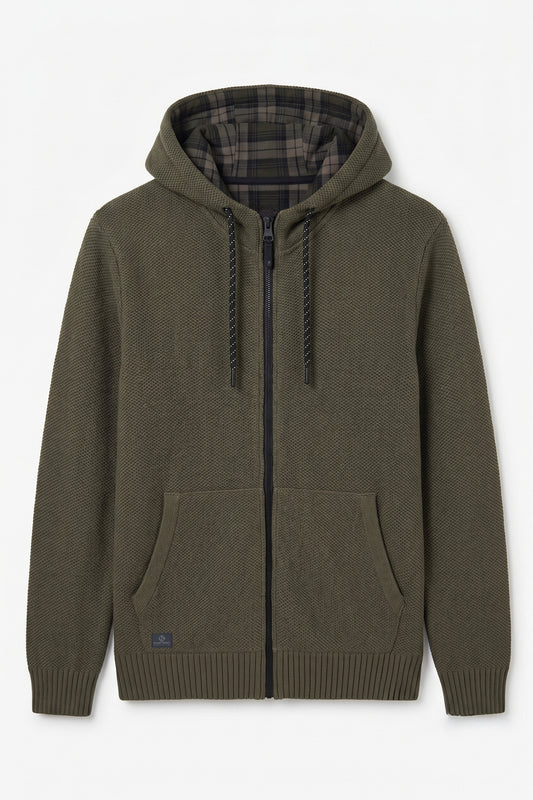 RAPHAEL | Bonded Polar-Fleece Full Zip Knit Hoodie || RAPHAEL  | Chandail en tricot à capuchon zippé avec doublure en polar contrecollée