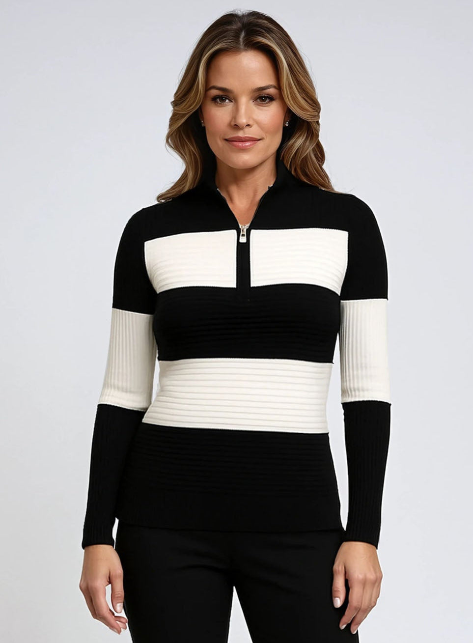 ZARIA | Zip-Neck Round-Hem Striped Sweater