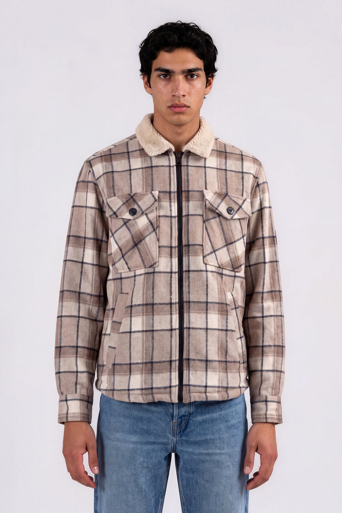 Dundas | Bonded Check Shirt Jacket With Sherpa Collar