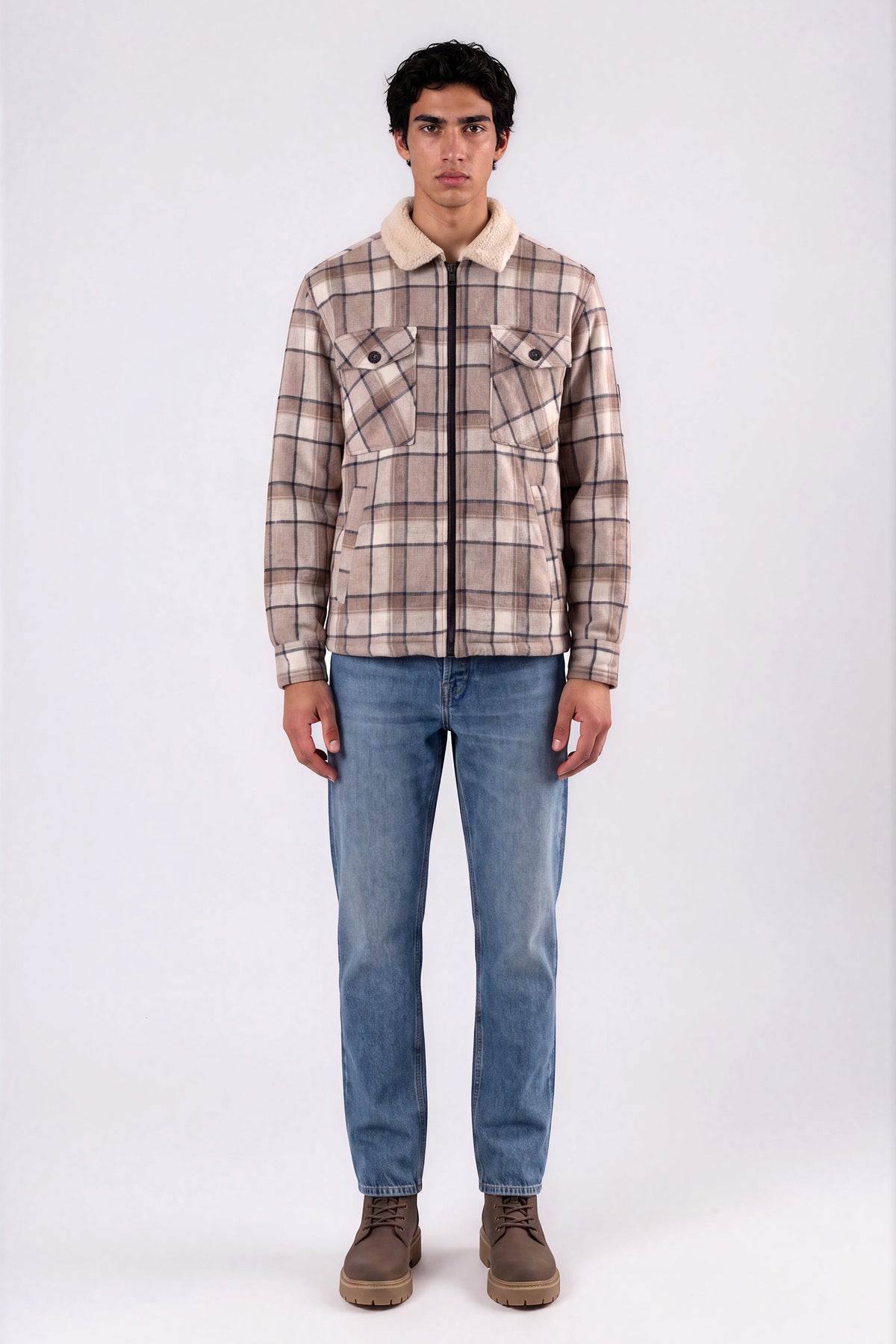 Dundas | Bonded Check Shirt Jacket With Sherpa Collar