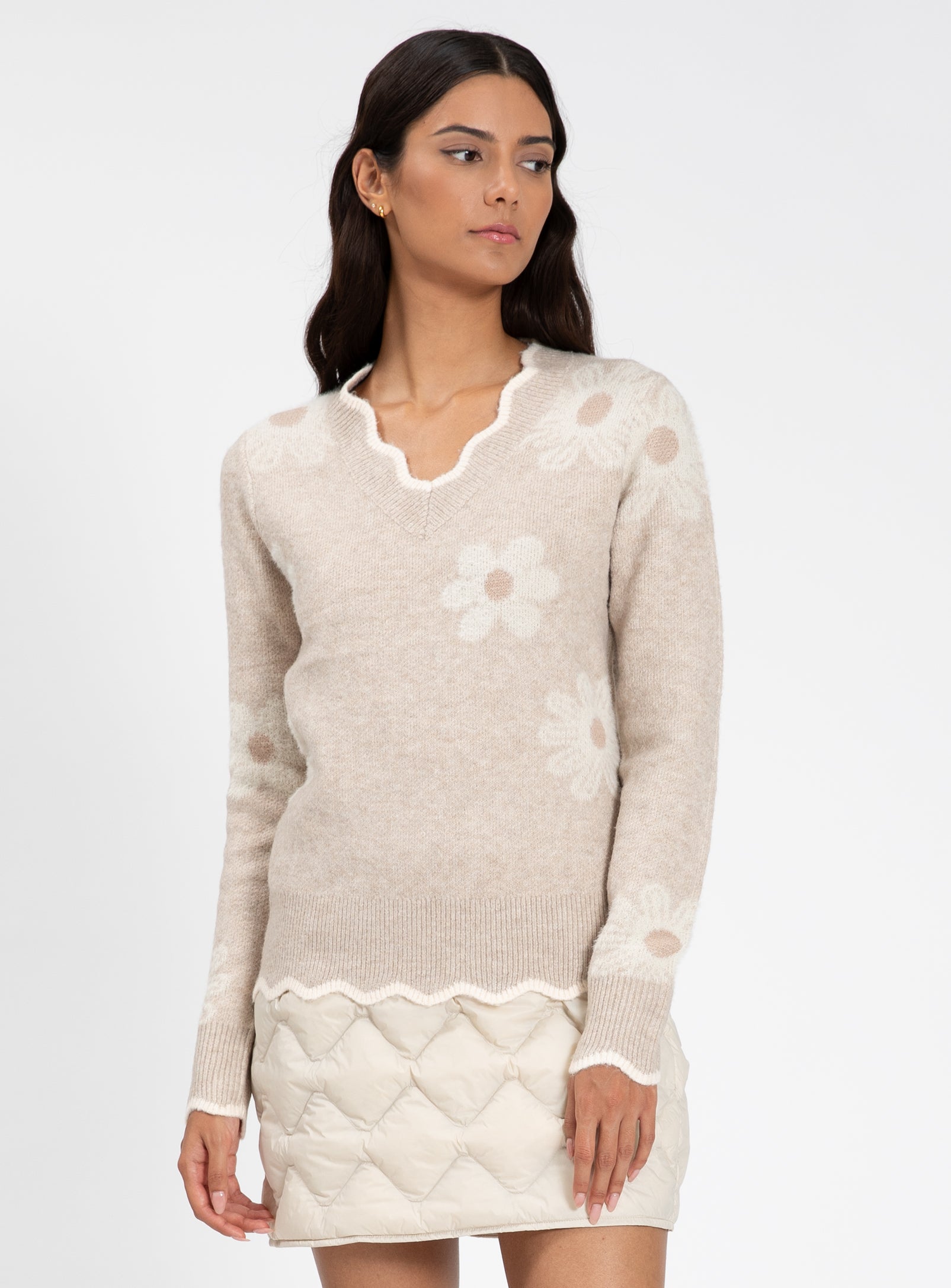 NYRAH| V-Neck Long-Sleeve Floral Sweater