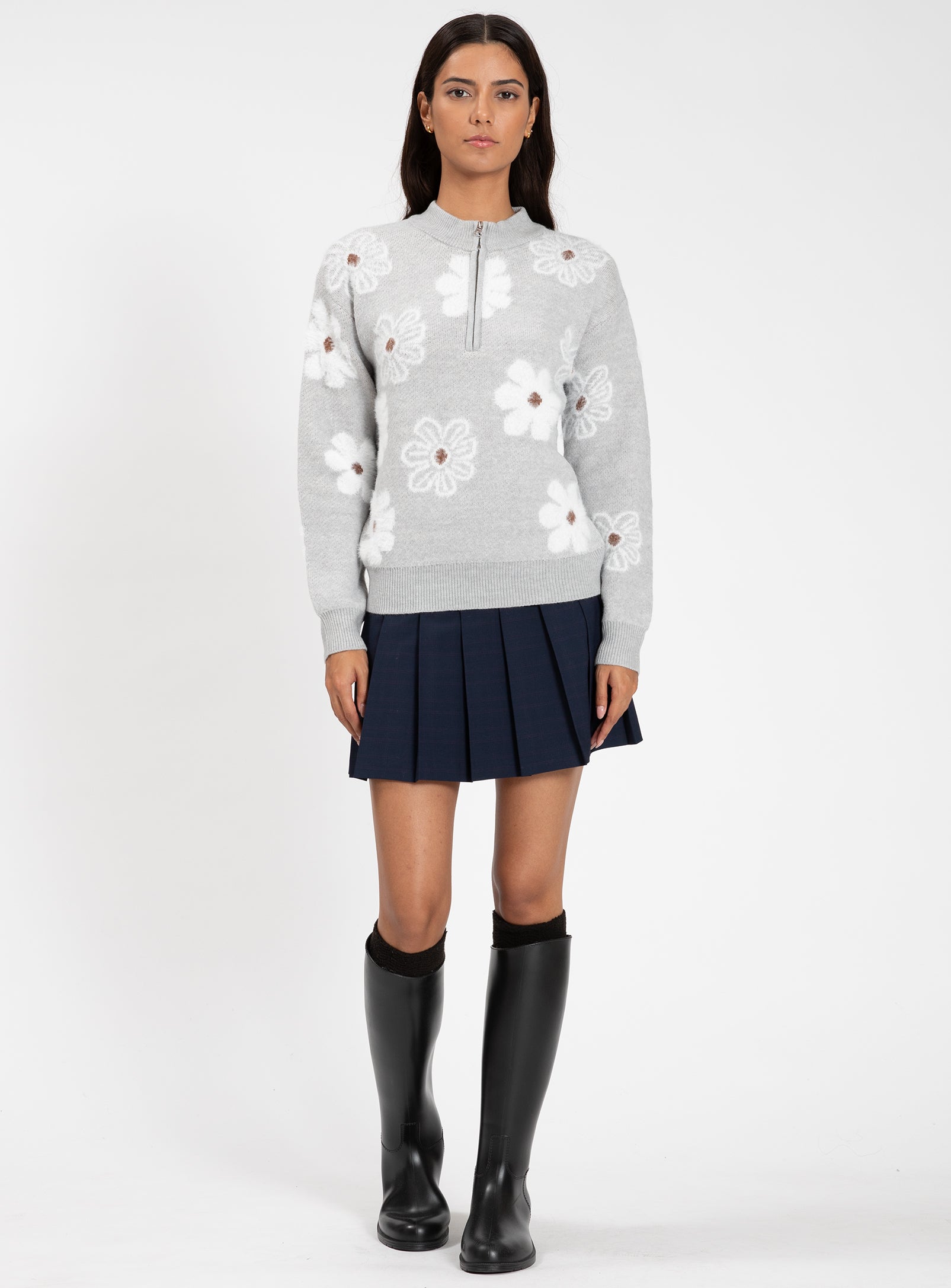 LEANE | Mock-Neck Half-Zip Jacquard Floral Sweater