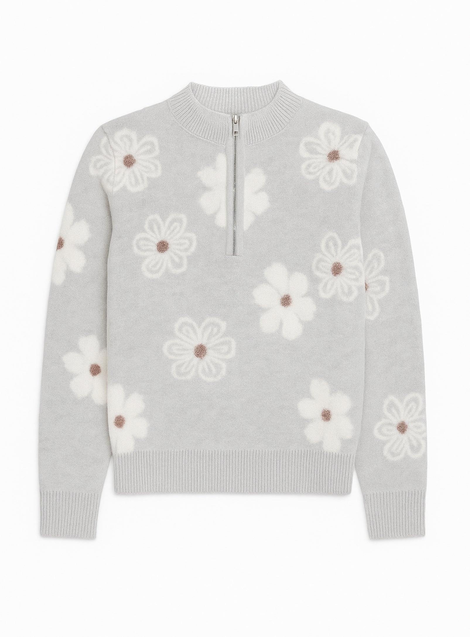 LEANE | Mock-Neck Half-Zip Jacquard Floral Sweater