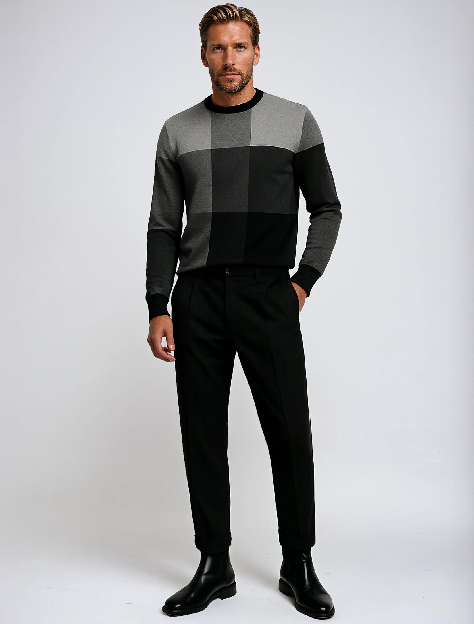 SAUL | Fine-Gauge Jacquard Geometric Check Crew-Neck Sweater