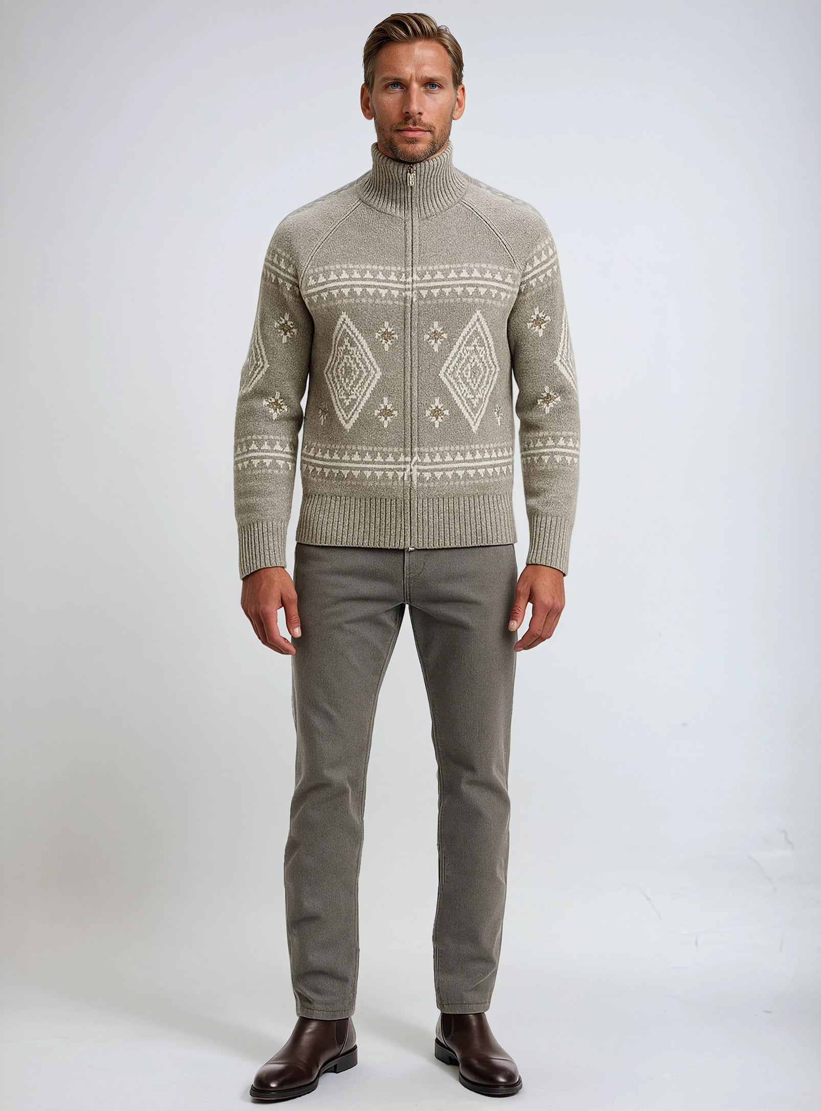 STEFAN | Jacquard Full-Zip Sweater with High Mock Neck