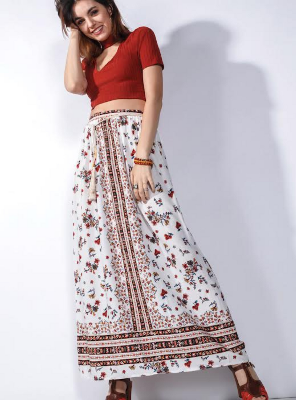 MARGO | Printed Maxi Skirt W/Cord Tie At Wasit  || Margo | Jupe longue imprimée avec cordon de serrage à Wasit