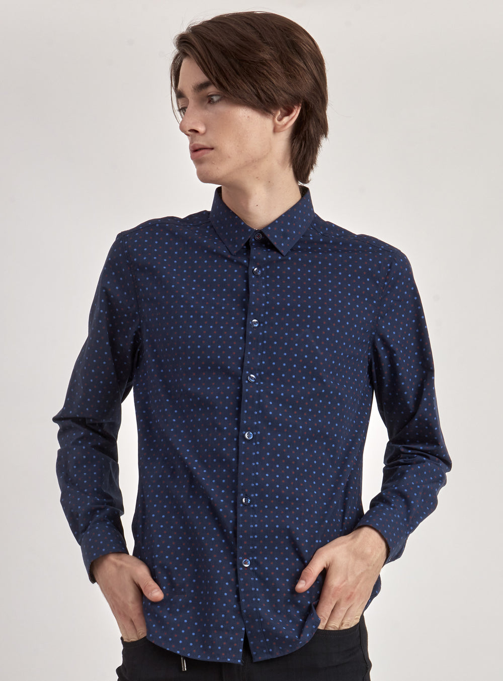 PRINTED SHIRT-NAVYMIX||CHEMISE À MANCHES LONGUES DE LUXE IMPRIMÉE À POID-NAVYMIX