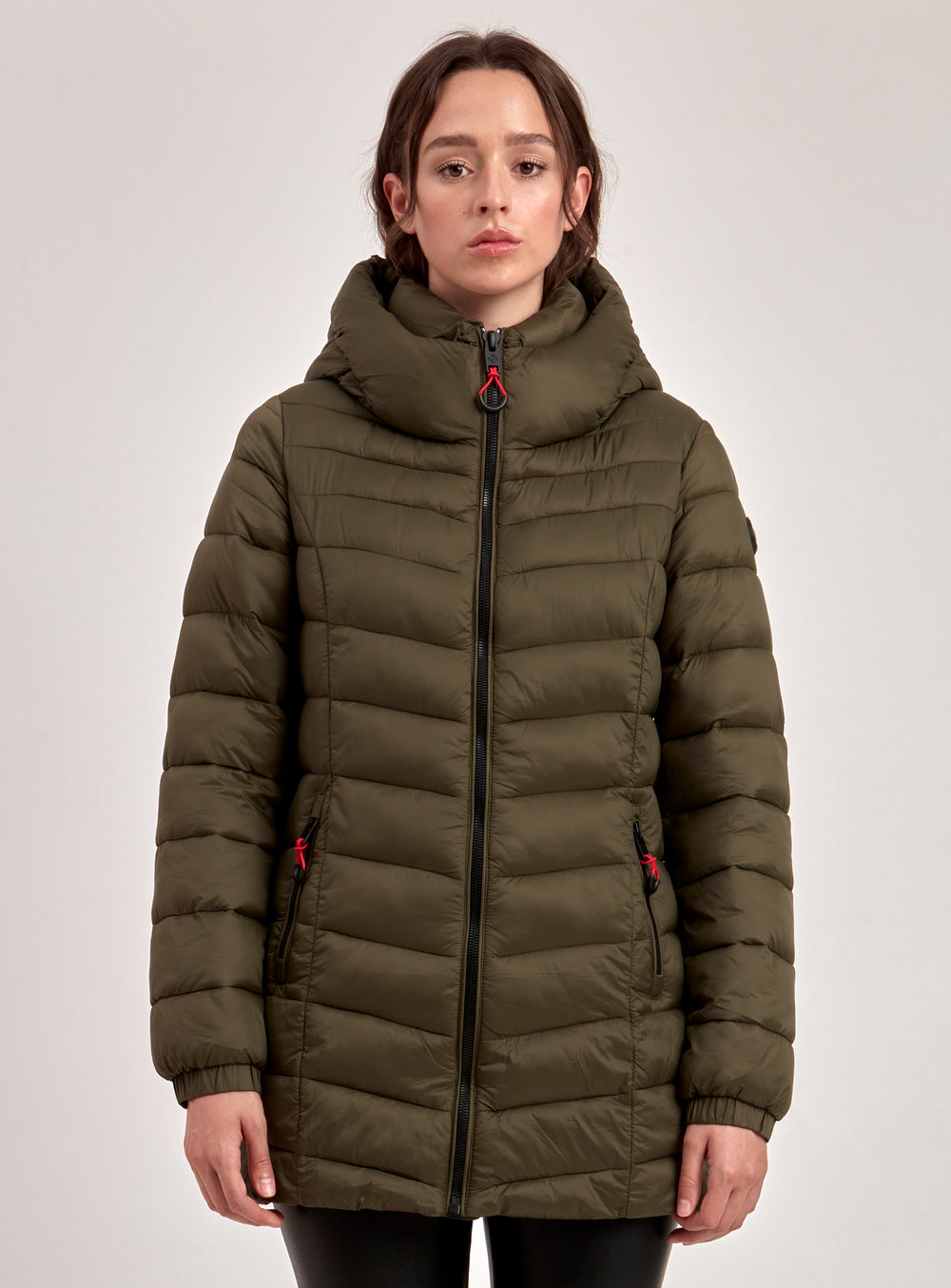 LONG HOODED PUFFER JACKET CONTRAST LINING-ARMY