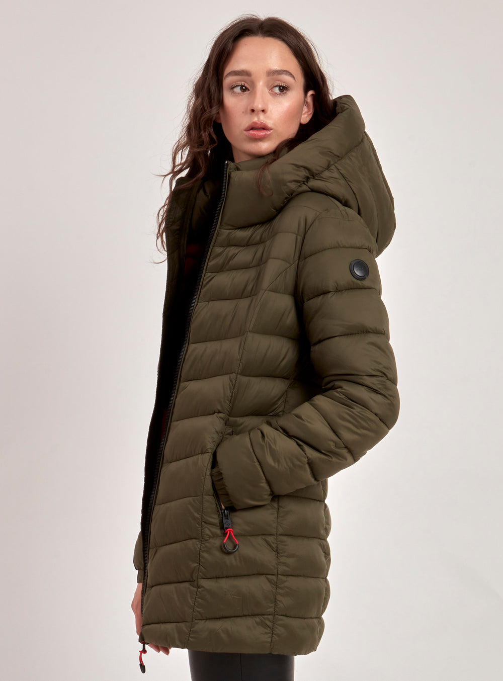 LONG HOODED PUFFER JACKET CONTRAST LINING-ARMY