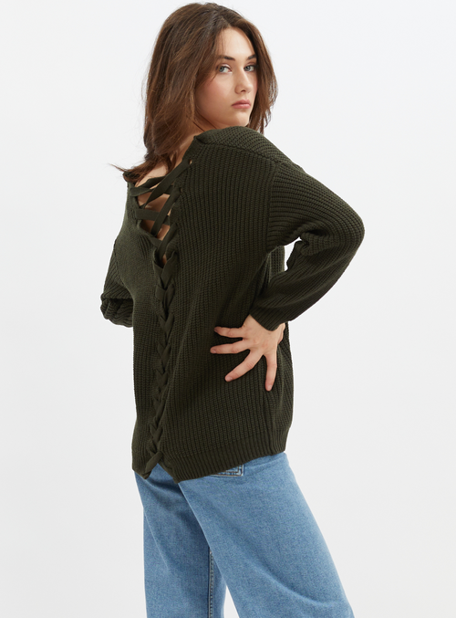 Lace up v neck sweater best sale